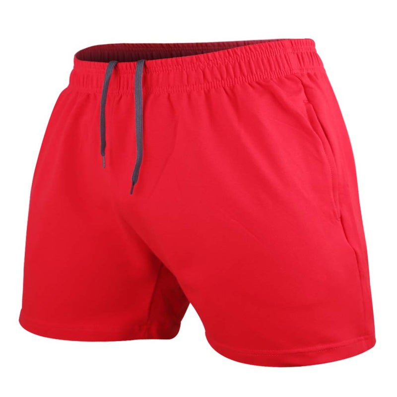 JEEING GEAR Men's Bodybuilding Workout Gym Shorts 5" Inseam Sports Cotton with Pocket Red Color Size M - Image 1